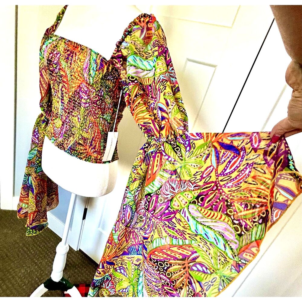 NWT Live 4 Truth Womens Multi Color Long Sleeve Flare Square Neck Crop Top M - Picture 6 of 7